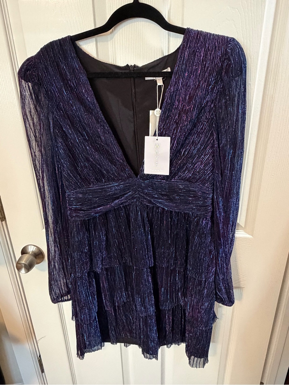 Wayf Shimmering Deep V Long-Sleeve Tiered Dress in Metallic Purple